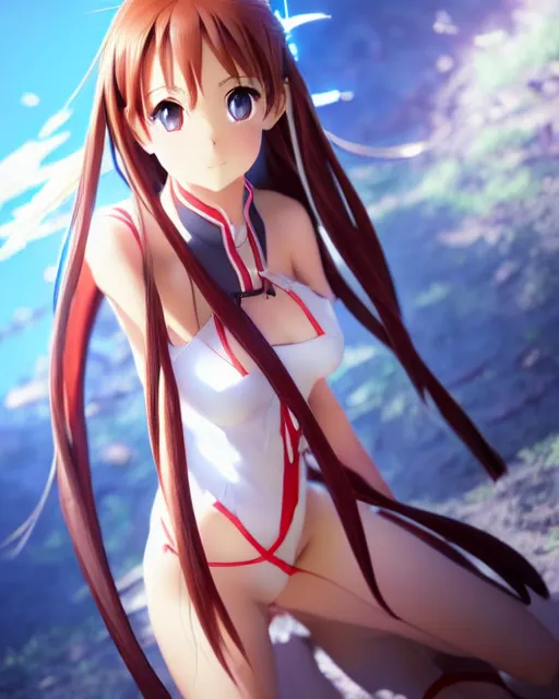 Image similar to photo of asuna from sao, asuna by a - 1 pictures, by greg rutkowski, artgerm, rossdraws, magali villeneuve, gil elvgren, alberto vargas, earl moran,, art frahm, enoch bolles, glossy skin, pearlescent, anime, maxim magazine,