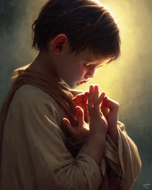 Image similar to poor hungry kid praying to a cross, emotional sad painting, very poor, cross, christianity, fantasy, cruel, dramatic lighting, intricate, wild, highly detailed, digital painting, artstation, concept art, smooth, sharp focus, illustration, art by artgerm and greg rutkowski and alphonse mucha