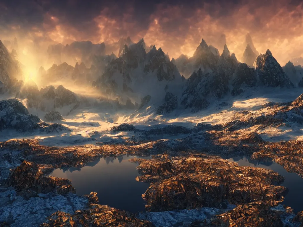 Image similar to epic crystalline taiga with a lake, golden hour, rocky ground, distant mountains with top on snow, atmospheric perspective, altostratus clouds, planets, cinematic, 3 5 mm lens, photographic, octane render, cinematography by roger deakins, in the style of ansel adams