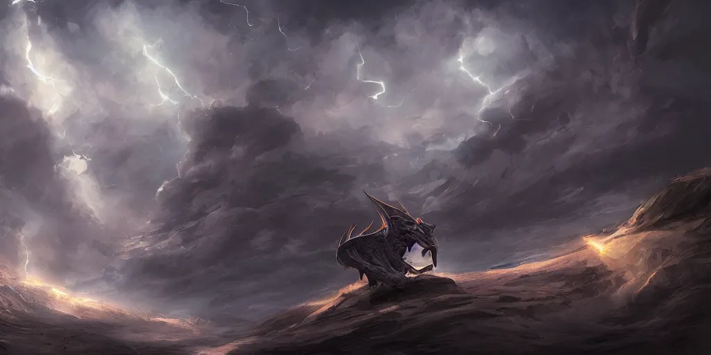 Image similar to digital painting, dragon, lightning storm, fantasy landscape, detailed lighting, high quality, sharp focus, intricate, artstation, 4k