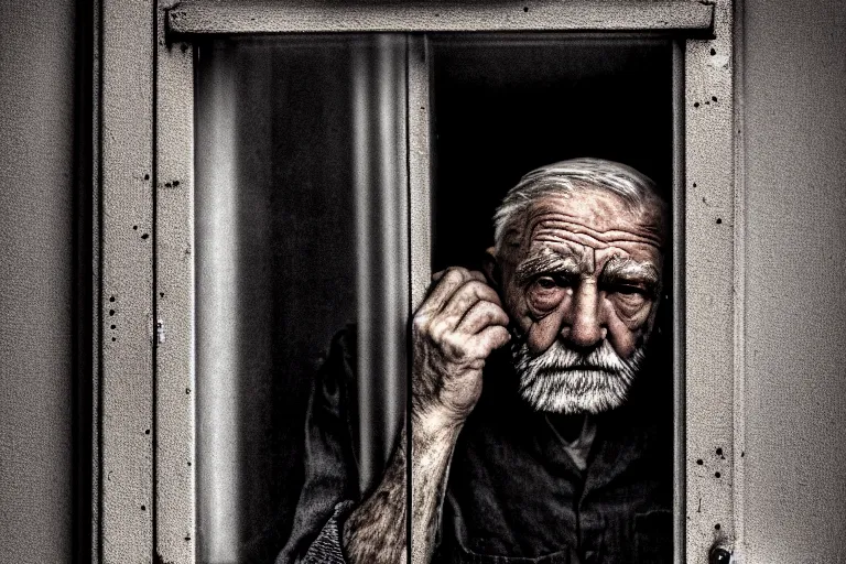 Prompt: an ultra realistic, cinematic, close up portrait, of an old man, looking in the window, sad, dramatic, soft light, dreamy, facial features, stood in a cell, with prison clothing, detailed, deep focus, movie still, dramatic lighting, ray tracing, by michal karcz and yoshitaka