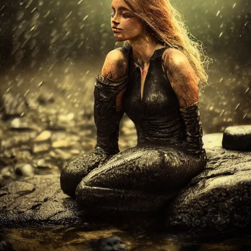 Prompt: Gorgeous primitive woman with her legs crossed, sitting under a ginormous rock, holding her hands out to the camera, in a rainy environment, fisheye lens!!!!!, rainy and wet atmosphere, closeup, dark and grim lighting, trending on artstation, 4k, 8k