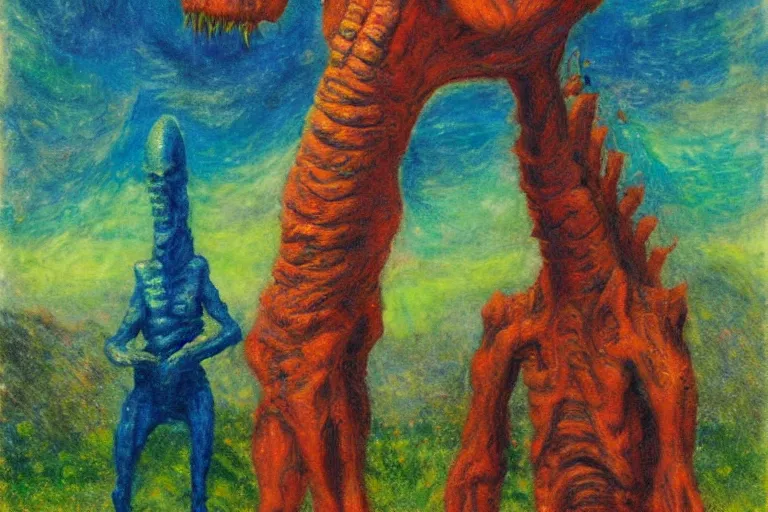 Image similar to a tall terrifying alien. in the style of american impressionism painting.