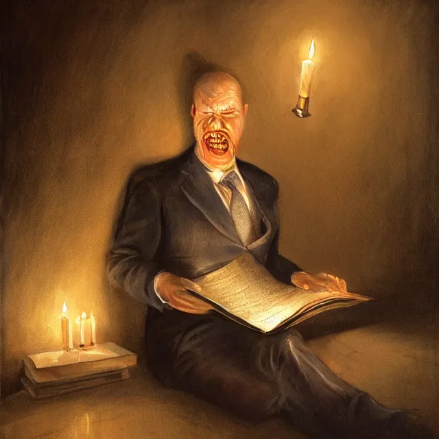 Prompt: ultra - realistic horrifying painting of a terrified man in a suit reading a dead sea scroll by candlelight, by dave dorman, paul carrick, dark, brooding, volume lighting, atmospheric lighting, painted, intricate, ultra detailed, well composed, best on artstation, cgsociety, epic, stunning, gorgeous, intricate detail, wow, masterpiece