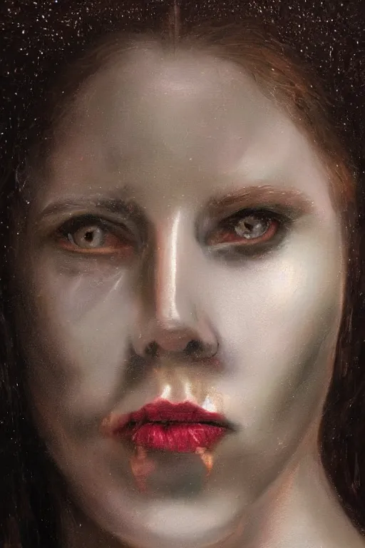 Image similar to hyperrealism oil painting, close - up portrait of european medieval brunette vampire fashion model, knight, steel gradient mixed with nebula sky, in style of baroque