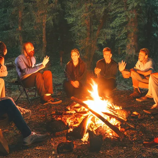 Prompt: god talking with 6 people around a campfire, realistic