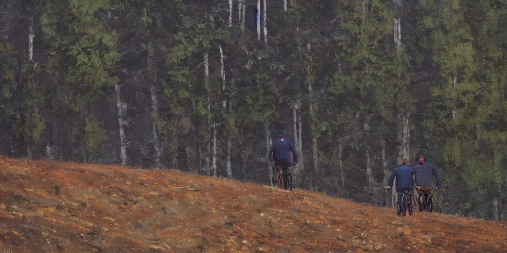 Image similar to Exactly two men biking alone up a steep forest hill. One with a deep dark blue sweater and the other with a wine red sweater. sweaty. Oil painting. Emotional. Trending on artstation. Steep. Nordic Trees. Rustic. Artistic.