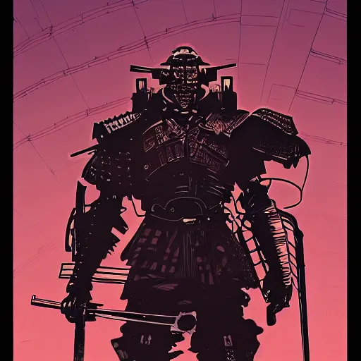 Image similar to the large cyberpunk!! samurai in military armor!! is horrified by something behind the camera, portrait by ashley wood and alphonse mucha and laurie greasley and josan gonzalez. illustration, pop art, cinematic. realistic proportions. moody industrial setting. artstationhq. smooth. sharp focus