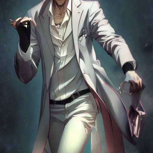 Image similar to John Constantine as an anime character, anime, portrait, visualartzi, concept art by Karla Ortiz, James Paick, Charlie Bowater, Krenz Cushart, highly detailed, ultra detailed, ultra realistic, trending on artstation, cgstudio