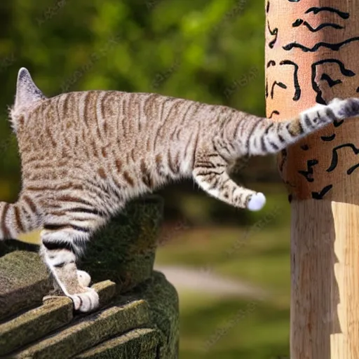 Image similar to highly detailed anthropomorphic cat in dancing pose on long scratch post