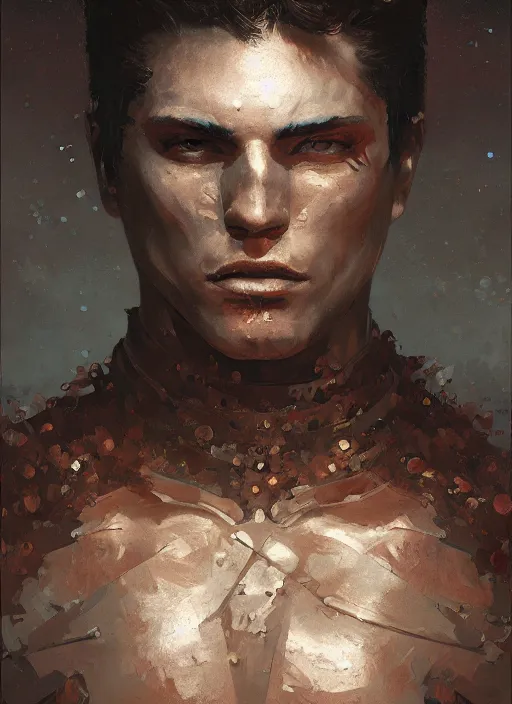 Prompt: Oil painting of a male human warrior, portrait, D&D, Magic The Gathering, by Craig Mullins, Nekro, Victo Ngai, centered, symmetrical, 8k, sharp focus