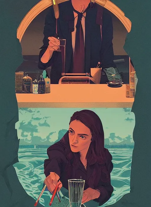 Image similar to poster artwork by Michael Whelan and Tomer Hanuka, Karol Bak of Alexandria Ocasio-Cortez bartender, from scene from Twin Peaks, clean, simple illustration, nostalgic, domestic, full of details