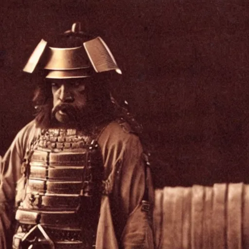 Image similar to film still of goldberg as samurai, cinematic, hollywood scene,