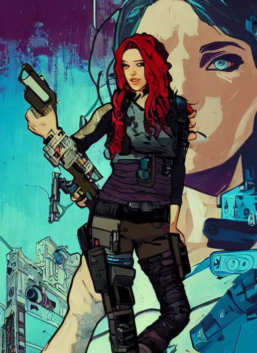 Image similar to sophia. cyberpunk mercenary with scenic background. portrait illustration, pop art, splash painting, art by ashley wood, alphonse mucha, laurie greasley and josan gonzales. cinematic. beautiful lighting.