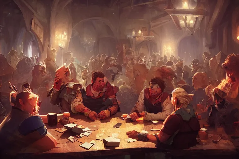 Image similar to a game of cards at a crowded d & d tavern, by greg rutkowski and anna podedworna, artstation