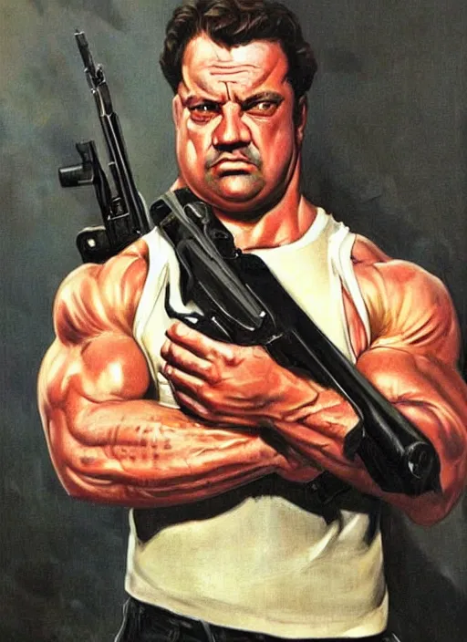 Image similar to gk chesterton as a buff action hero with muscles and a shotgun. portrait by james gurney. realistic face. awesome action movie poster art.