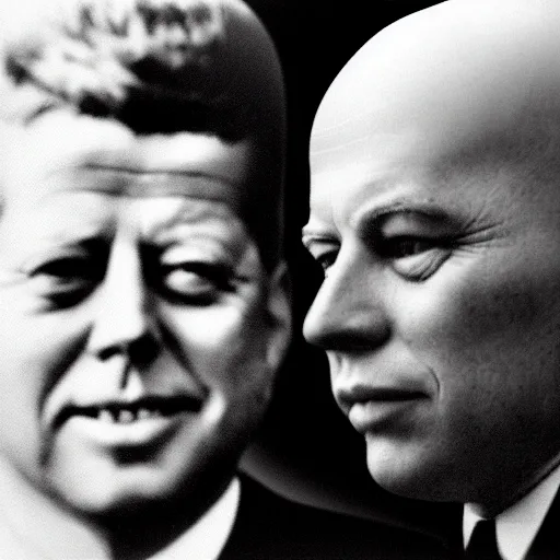 Prompt: portrait photo of bald john f kennedy and nikita kruschev next to each other, black and white, atmospheric lighting