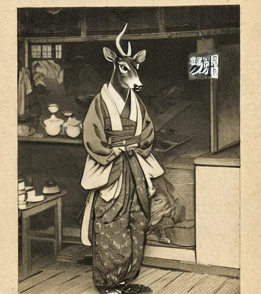 Image similar to 1 8 th century japanese street market in kyoto 1 9 0 0 s early photography portrait anthro anthropomorphic deer head animal person fursona wearing clothes street trader