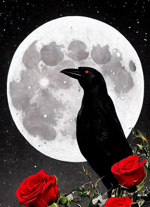 Image similar to portrait, A crow with red eyes in front of the full big moon, book cover, red roses, red white black colors, establishing shot, extremly high detail, foto realistic, cinematic lighting, pen and ink, intricate line drawings, by Yoshitaka Amano, Ruan Jia, Kentaro Miura, Artgerm, post processed, concept art, artstation, matte painting, style by eddie mendoza, raphael lacoste, alex ross