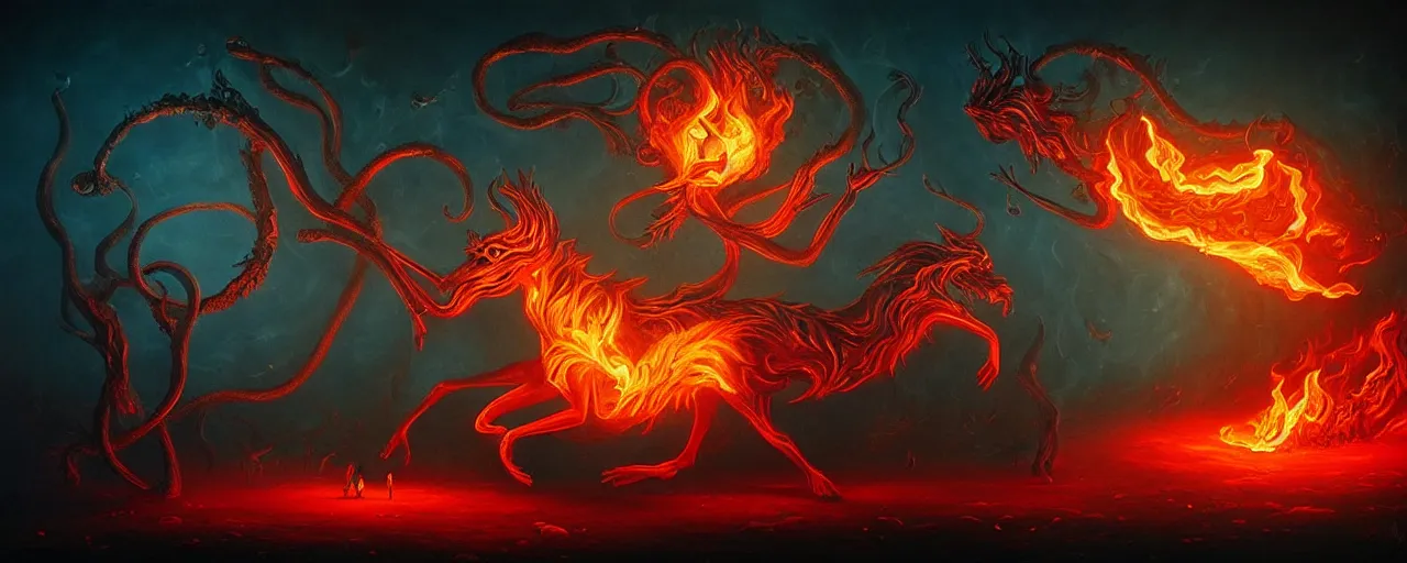 Image similar to whimsical fiery alchemical creatures, surreal dark uncanny painting by ronny khalil