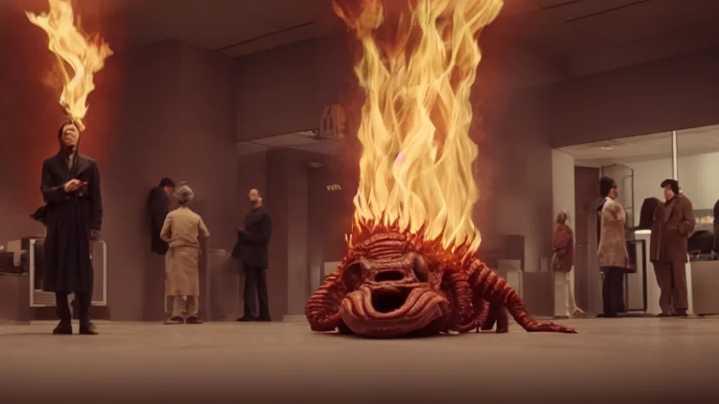 Image similar to the strange creature in line at the bank, made of fire, film still from the movie directed by Denis Villeneuve with art direction by Salvador Dalí, wide lens