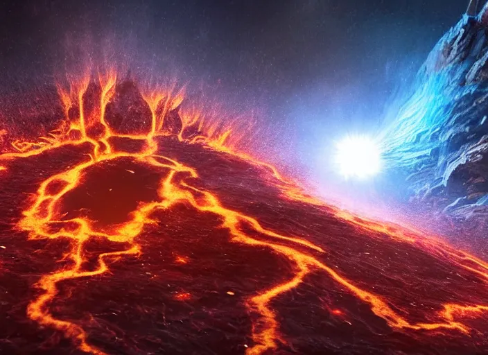 Image similar to 3d render of a volcanic eruption flowing and flying through interstellar deep space depicted by James Jean, octane render