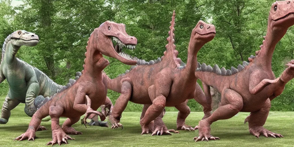 Prompt: anotomically incorrect dinosaur sculttpures in an english part with children playing all over them while their parents break dance off to the side, in the style of a nature documentary
