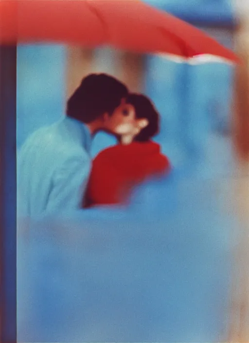 Prompt: out of focus, head to shoulders kiss, photography by saul leiter and ernst haas in an empty decorated pompeii peristylium, airforce blue, red, bright pale green