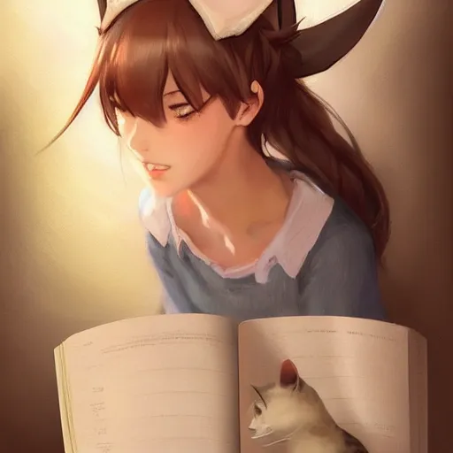 Image similar to Girl with cat ears studying from a textbook, by WLOP, by Artgerm, by Michael Garmash, by Rob Rey, digital art, trending on artstation, anime style, beautiful lightning, atmospheric