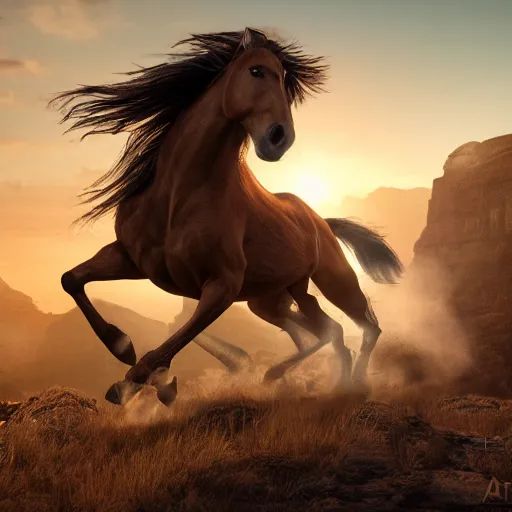 Image similar to spirit, the brown wild horse with white pastern flexion from the spirit movie, with the girl lucky on his back galloping next to a canyon into the sunset, movie poster, intricate detail, 8 k, trending on artstation, octane render