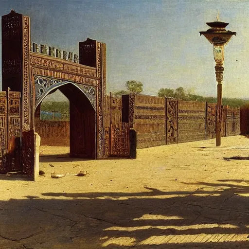 Image similar to gate of Kano in the Sokoto Caliphate Nigeria, 1885, highly detailed, oil on canvas, by Ilya Repin