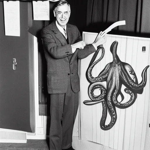 Prompt: mr. rogers proudly displaying his mr. rogers made of octopus, color production backstage photo