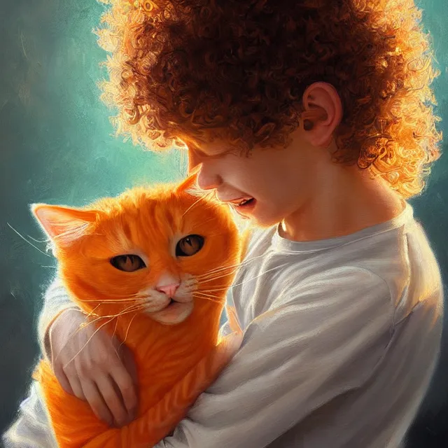 Prompt: portrait of a kind happy young boy with curly hair, hugging an orange and white cat, art by loish, ross tran, ilya kuvnishov, highly detailed, painting, beautiful moment, radiant light, intricate brush strokes, global illumination, intricate and detailed environment.