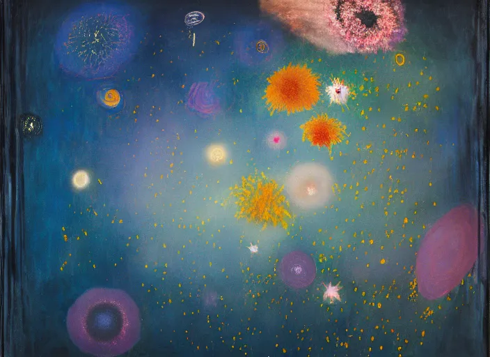 Prompt: night sky full of flowers, vincent lefevre and pat steir and hilma af klint, psychological, photorealistic, dripping paint, washy brush, rendered in octane, altermodern, masterpiece