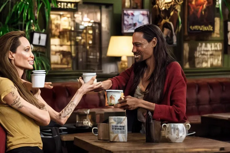 Image similar to angelina jolie and the predator, best friends, drinking coffee at central perk, still photo, hyperrealistic, 35mm, 8k, by weta digital