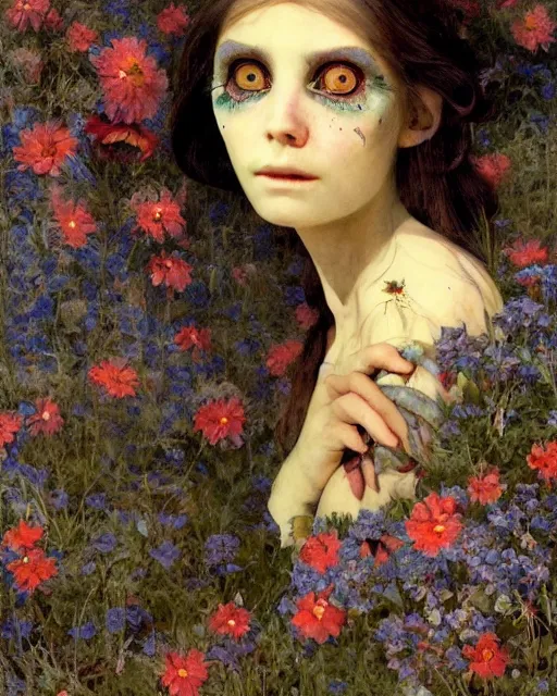 Prompt: a pretty but sinister and creepy goblin in layers of fear, with haunted eyes, violence in her eyes, 1 9 7 0 s, seventies, delicate embellishments, a little blood, cumberland, blue dawn light shining on wildflowers, painterly, offset printing technique, by walter popp, alexandre cabanel