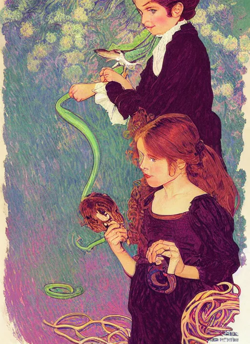 Image similar to an art nouveau copic maker illustration of a russian young girl holding a snake by kilian eng, monet and norman rockwell