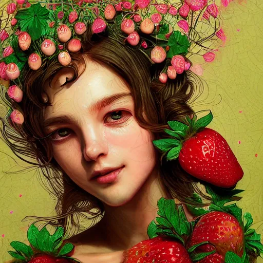 Image similar to the portrait of an absurdly beautiful, graceful, elegant, chaste, young woman made of strawberries and green petals smiling, an ultrafine detailed illustration by kim jung gi, irakli nadar, intricate linework, bright colors, octopath traveler, final fantasy, angular, unreal engine 5 highly rendered, global illumination, radiant light, detailed and intricate environment