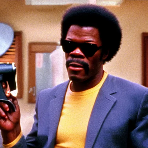 Prompt: samuel lee jackson as jules winnfield pointing a banana as a weapon, pulp fiction, 8 k