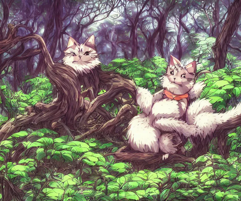 Prompt: frazzled cat in a forest, anime fantasy illustration by tomoyuki yamasaki, kyoto studio, madhouse, ufotable, comixwave films, trending on artstation