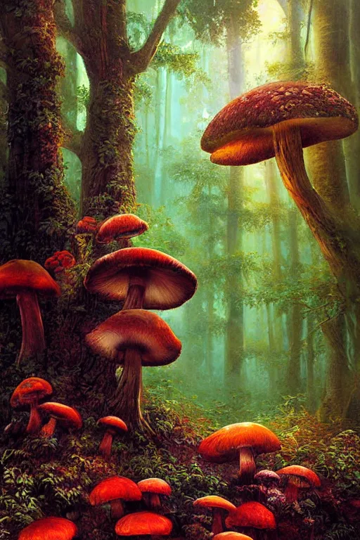 Image similar to digital painting detailed forest tree magical forest flowers mushrooms painted by John Harris