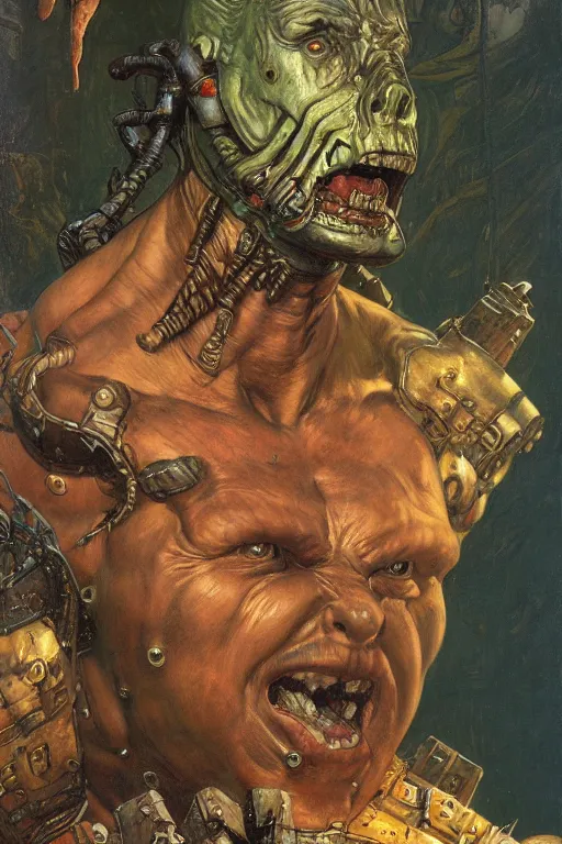 Prompt: upper body and head portrait of hulking mutant armoured warrior overlord by lawrence alma tadema and zdzislaw beksinski and norman rockwell and jack kirby and tom lovell and greg staples