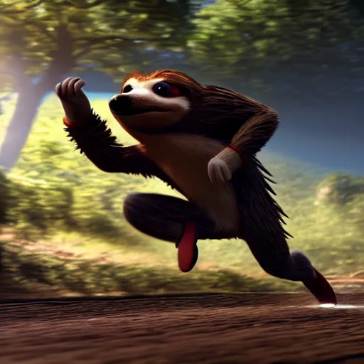 Image similar to sonic the hedgehog as a sloth running at warpspeed, weta hyperrealism cinematic lighting and compositon