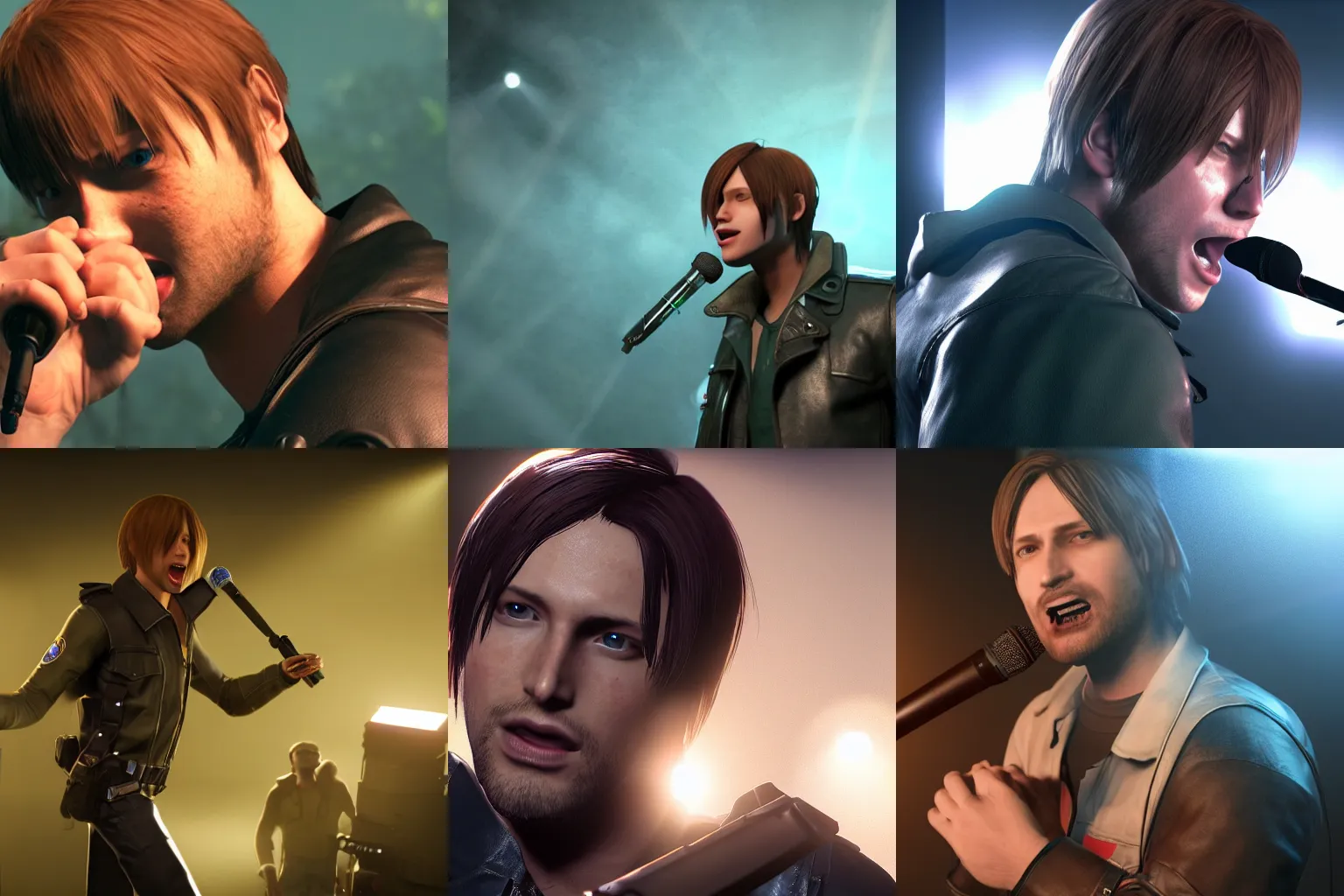 Prompt: leon s kennedy singing into microphone, green hills, cinematic lighting, lens flare, photorealistic