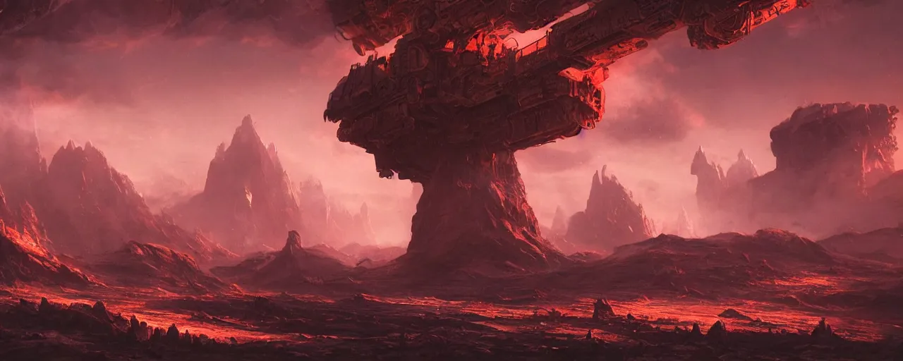 Image similar to ” mysterious and intimidating alien landscape, [ dangerous, cinematic, detailed, epic, widescreen, opening, establishing, mattepainting, photorealistic, realistic textures, octane render, art by slop and paul lehr ] ”