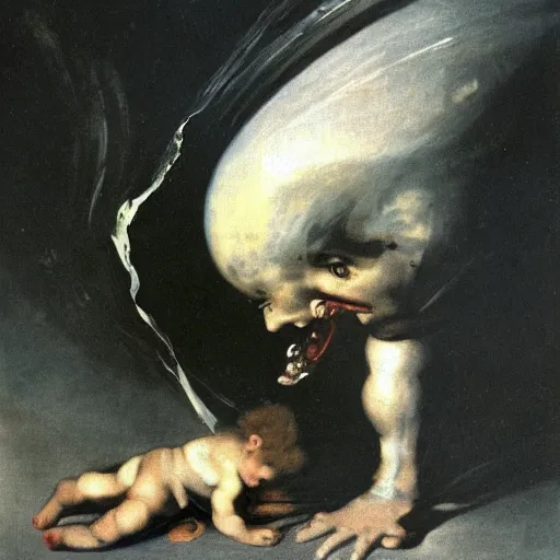 Image similar to a painting of saturn devouring his son, by francisco goya