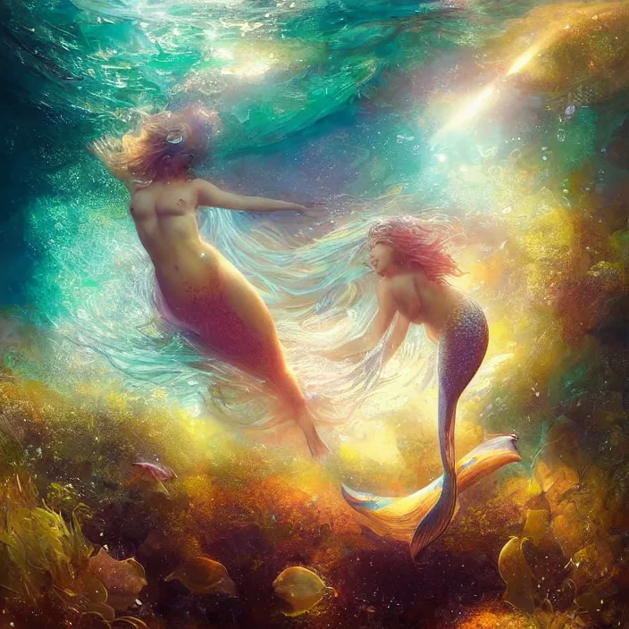 Prompt: glimmering mermaid swimming underwater, dolphins, golden hour, god rays, coral reef, dreamscape by artgerm and ruan jia and ismail inceoglu and greg olsen, cosmos, milky way galaxy, masterpiece, beautiful, intricate, elegant, highly detailed