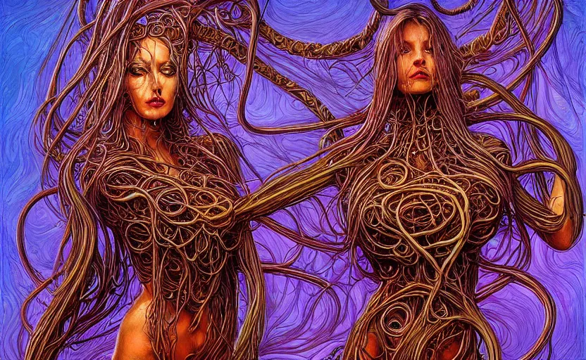 Image similar to beautiful psychedelic goddess enrobed in tentacles in the style of peter gric