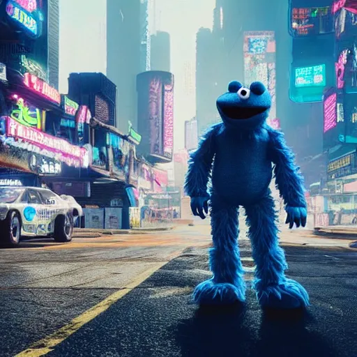 Image similar to cookie monster in cyberpunk 2 0 7 7 unreal engine 5 8 k hyperdetailed