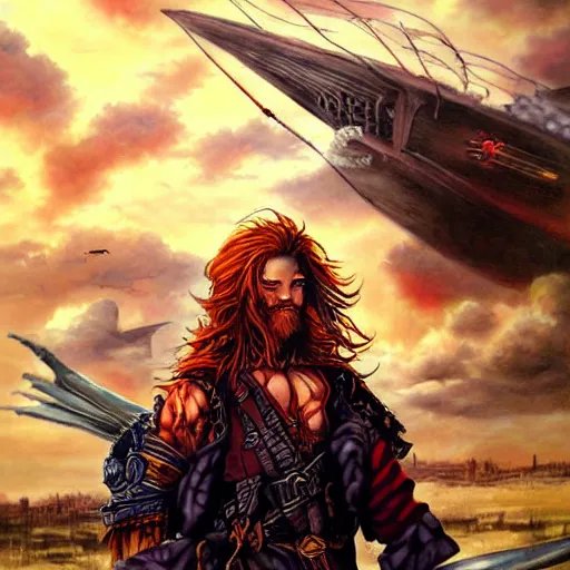 Image similar to an epic fantasy comic book style portrait painting of a long haired, red headed male sky - pirate in front of an airship in the style of yoshitaka amano